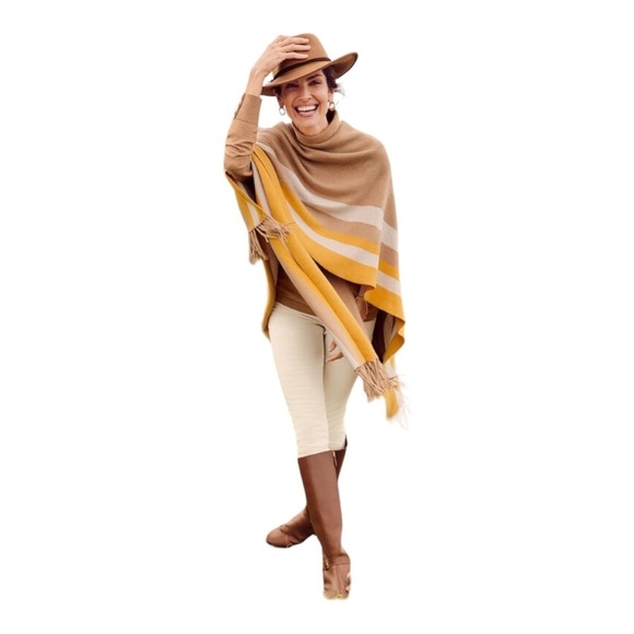 Talbots Fringe Knit Ruana Wrap Almond Heather Color Block Cotton Blend Scarf